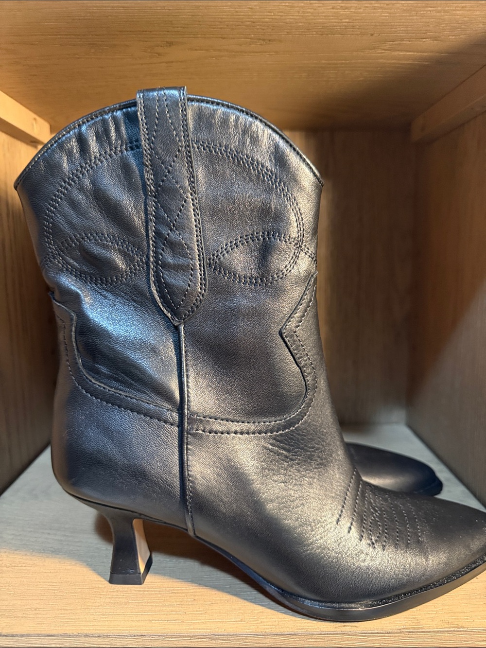 Dolce Vita Black Leather Western Ankle Bootie with Kitten Heel